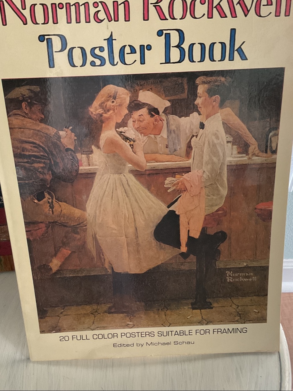 Norman Rockwell Cream, Blue and Brown Diner Romance Poster